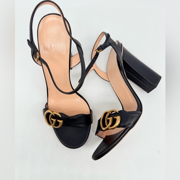 Gucci Shoes - Gucci Black Leather Marmont GG logo Ankle strap block heel sandals EU 37.5 US7.5